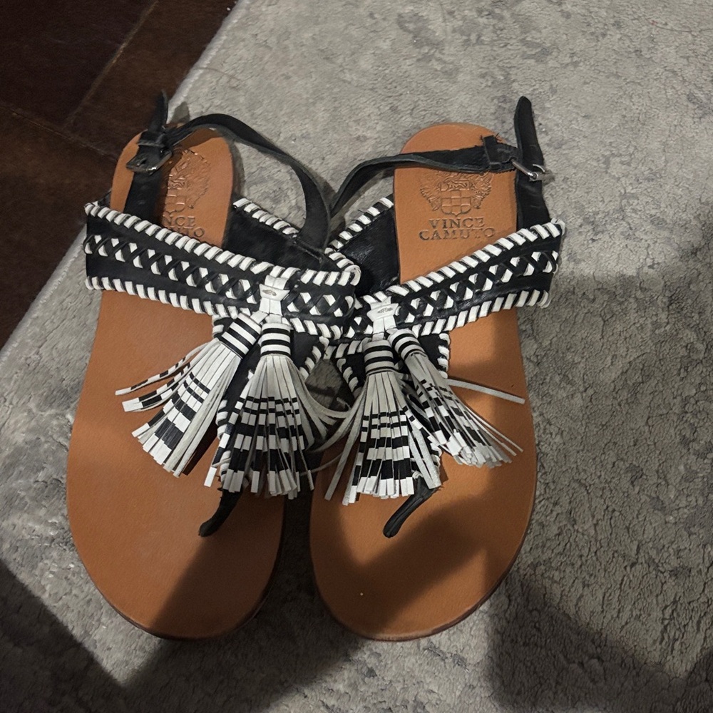 Vince Camuto Black and White Tassel Sandals